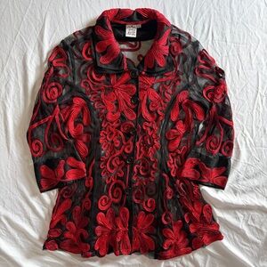 Vintage 90s Parsley & Sage Funky Floral Black and Red Braided Applique Top